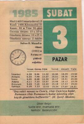 3 Şubat 1985 Takvim Yaprağı EFM(N)5129 - 1