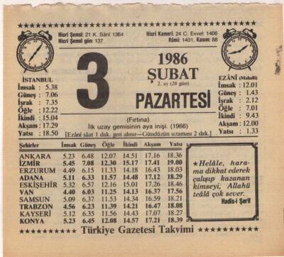 3 Şubat 1986 Takvim Yaprağı EFM(N)5214 - 1