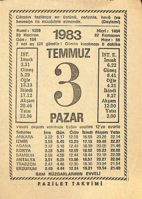 3 Temmuz 1983 Takvim Yaprağı - Doğum Günü Hediyesi EFM(N)11987 - 1