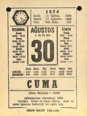 30 Ağustos 1974 Takvim Yaprağı - Doğum Günü Hediyesi EFM(N)12175 - 1