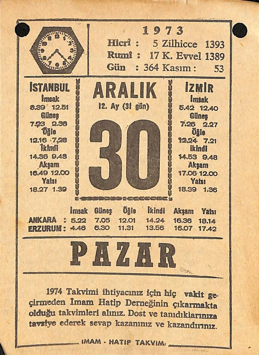 30 Aralık 1973 Takvim Yaprağı - Doğum Günü Hediyesi EFMN13657 - 1