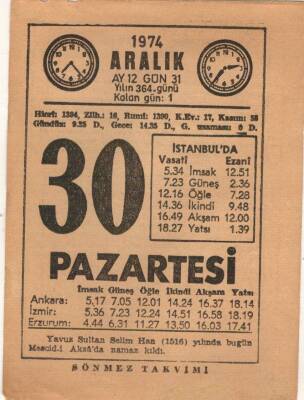 30 Aralık 1974 Takvim Yaprağı EFM(N)4312 - 3