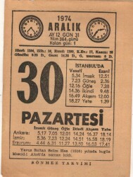 30 Aralık 1974 Takvim Yaprağı EFM(N)4312 - 1