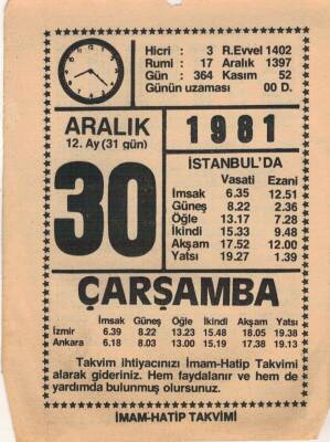 30 Aralık 1981 Takvim Yaprağı EFM(N)4435 - 3