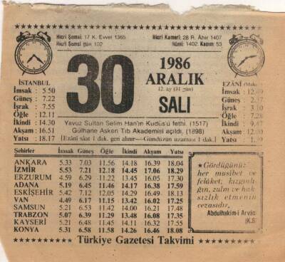 30 Aralık 1986 Takvim Yaprağı EFM(N)4342 - 3