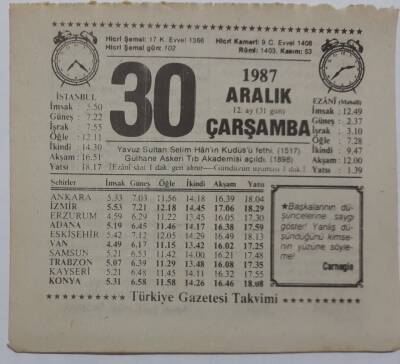 30 Aralık 1987 Takvim Yaprağı - Doğum Günü Hediyesi EFM(N)7199 - 1