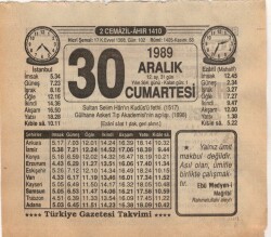 30 Aralık 1989 Takvim Yaprağı EFM(N)4220 - 3