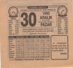 30 Aralık 1990 Takvim Yaprağı EFM(N)4158 - 4