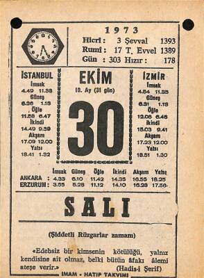 30 Ekim 1973 Takvim Yaprağı - Doğum Günü Hediyesi EFM(N)10612 - 4