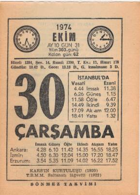 30 Ekim 1974 Takvim Yaprağı EFM(N)3000 - 3