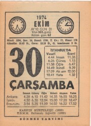 30 Ekim 1974 Takvim Yaprağı EFM(N)3000 - 2