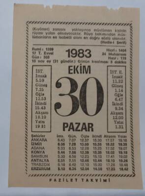 30 Ekim 1983 Takvim Yaprağı - Doğum Günü Hediyesi EFM(N)6734 - 1