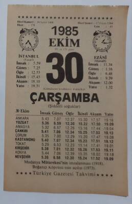 30 Ekim 1985 Takvim Yaprağı - Doğum Günü Hediyesi EFM(N)6675 - 1