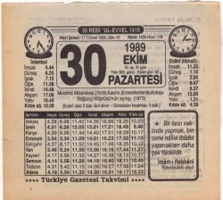 30 Ekim 1989 Takvim Yaprağı EFM(N)3124 - 3