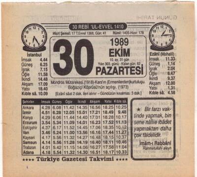 30 Ekim 1989 Takvim Yaprağı EFM(N)3124 - 2