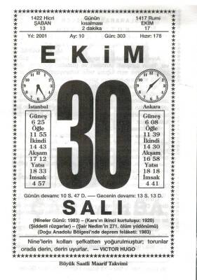 30 Ekim 2001 Takvim Yaprağı Doğum Günü Hediyesi EFM(N)3975 - 2