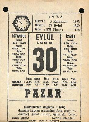 30 Eylül 1973 Takvim Yaprağı - Doğum Günü Hediyesi EFM(N)9876 - 1