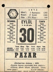 30 Eylül 1973 Takvim Yaprağı - Doğum Günü Hediyesi EFM(N)9876 - 2