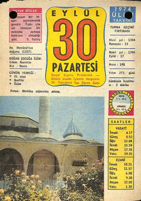 30 Eylül 1974 Takvim Yaprağı - Doğum Günü Hediyesi EFM(N)10456 - 4