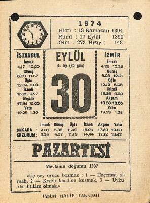 30 Eylül 1974 Takvim Yaprağı - Doğum Günü Hediyesi EFM(N)12382 - 1