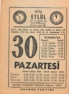 30 Eylül 1974 Takvim Yaprağı EFM(N)2817 - 2