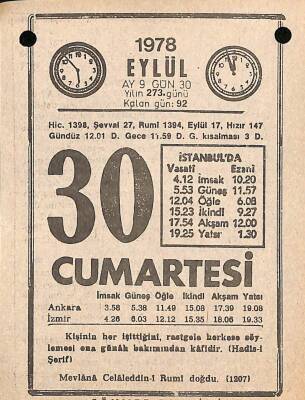 30 Eylül 1978 Takvim Yaprağı - Doğum Günü Hediyesi EFM(N)9779 - 2