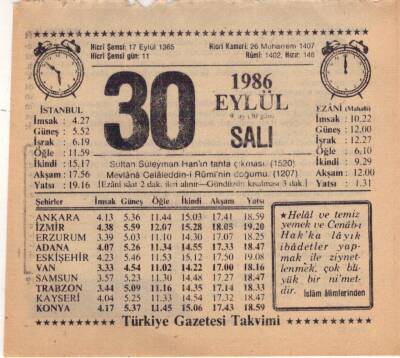 30 Eylül 1986 Takvim Yaprağı EFM(N)2851 - 4