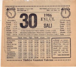 30 Eylül 1986 Takvim Yaprağı EFM(N)2851 - 3