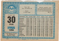 30 Eylül 1988 Takvim Yaprağı EFM(N)2919 - 3