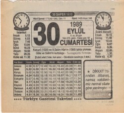 30 Eylül 1989 Takvim Yaprağı EFM(N)2868 - 3