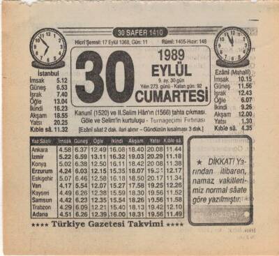 30 Eylül 1989 Takvim Yaprağı EFM(N)2868 - 3