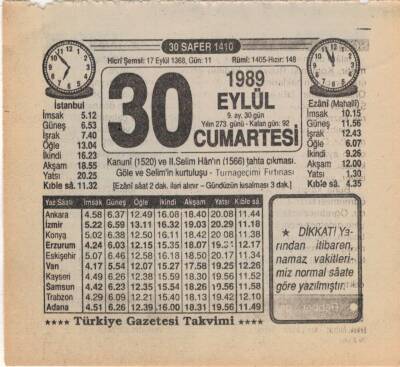 30 Eylül 1989 Takvim Yaprağı EFM(N)2868 - 1