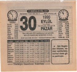 30 Eylül 1990 Takvim Yaprağı EFM(N)2885 - 3