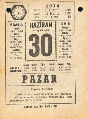 30 Haziran 1974 Takvim Yaprağı - Doğum Günü Hediyesi EFM(N)12131 - 1