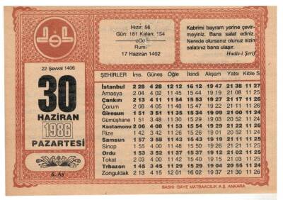 30 Haziran 1986 Takvim Yaprağı EFM1024 - 1