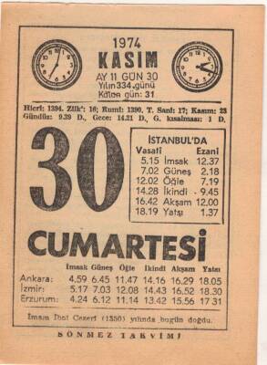 30 Kasım 1974 Takvim Yaprağı EFM(N)3340 - 3