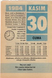 30 Kasım 1984 Takvim Yaprağı EFM(N)3370 - 3