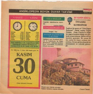 30 Kasım 1984 Takvim Yaprağı EFM(N)4066 - 2