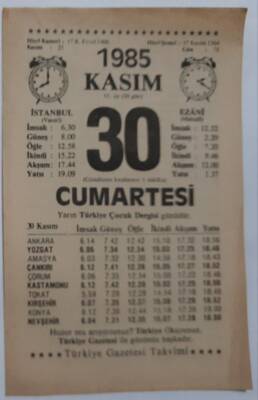 30 Kasım 1985 Takvim Yaprağı - Doğum Günü Hediyesi EFM(N)6845 - 1