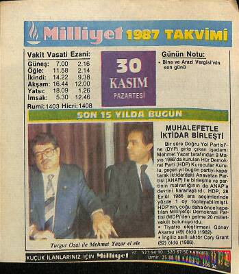 30 Kasım 1987 Takvim Yaprağı - Doğum Günü Hediyesi EFM(N)11849 - 1