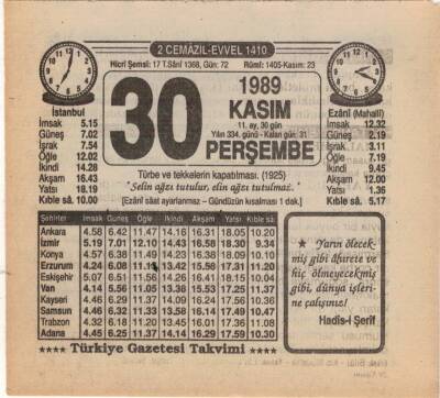 30 Kasım 1989 Takvim Yaprağı EFM(N)3490 - 3