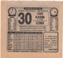 30 Kasım 1990 Takvim Yaprağı EFM(N)3944 - 3