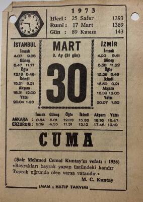 30 Mart 1973 Takvim Yaprağı - Doğum Günü Hediyesi EFM(N)8096 - 2