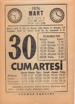 30 Mart 1974 Takvim Yaprağı EFM(N)5909 - 3