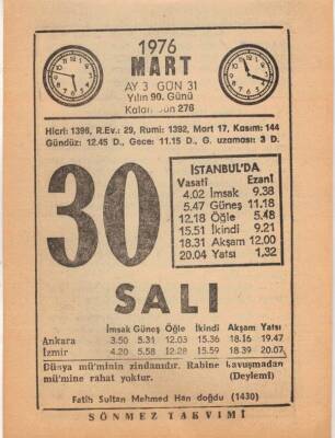 30 Mart 1976 Takvim Yaprağı EFM(N)5971 - 3