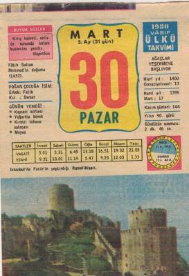 30 Mart 1980 Takvim Yaprağı EFM(N)6152 - 3