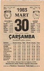 30 Mart 1983 Takvim Yaprağı EFM(N)5847 - 3