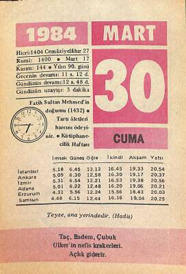 30 Mart 1984 Takvim Yaprağı - Doğum Günü Hediyesi EFM(N)12658 - 1