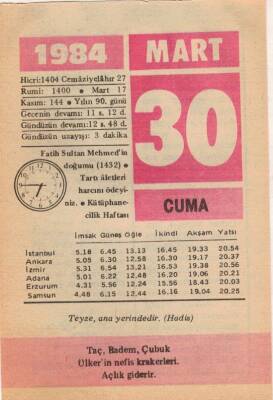 30 Mart 1984 Takvim Yaprağı EFM(N)6093 - 3