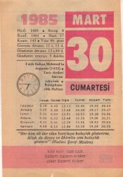 30 Mart 1985 Takvim Yaprağı EFM(N)6124 - 3